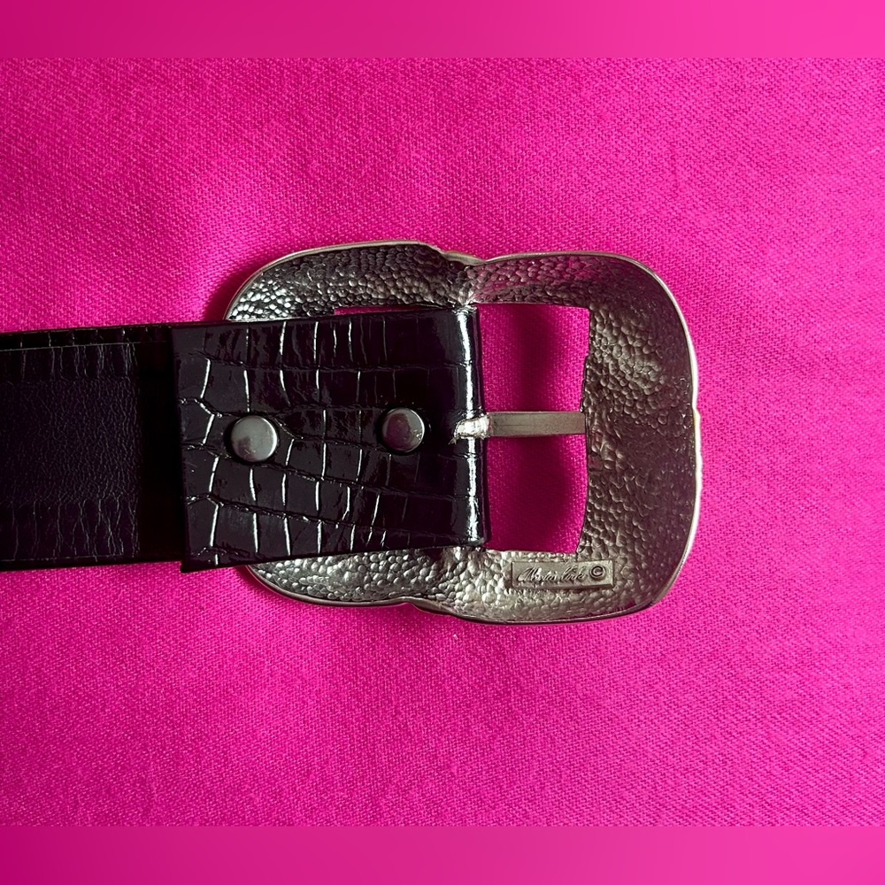 Vintage 1980’s Alexis Kirk Wide Black Leather Adjustable Belt - Picture 3 of 5